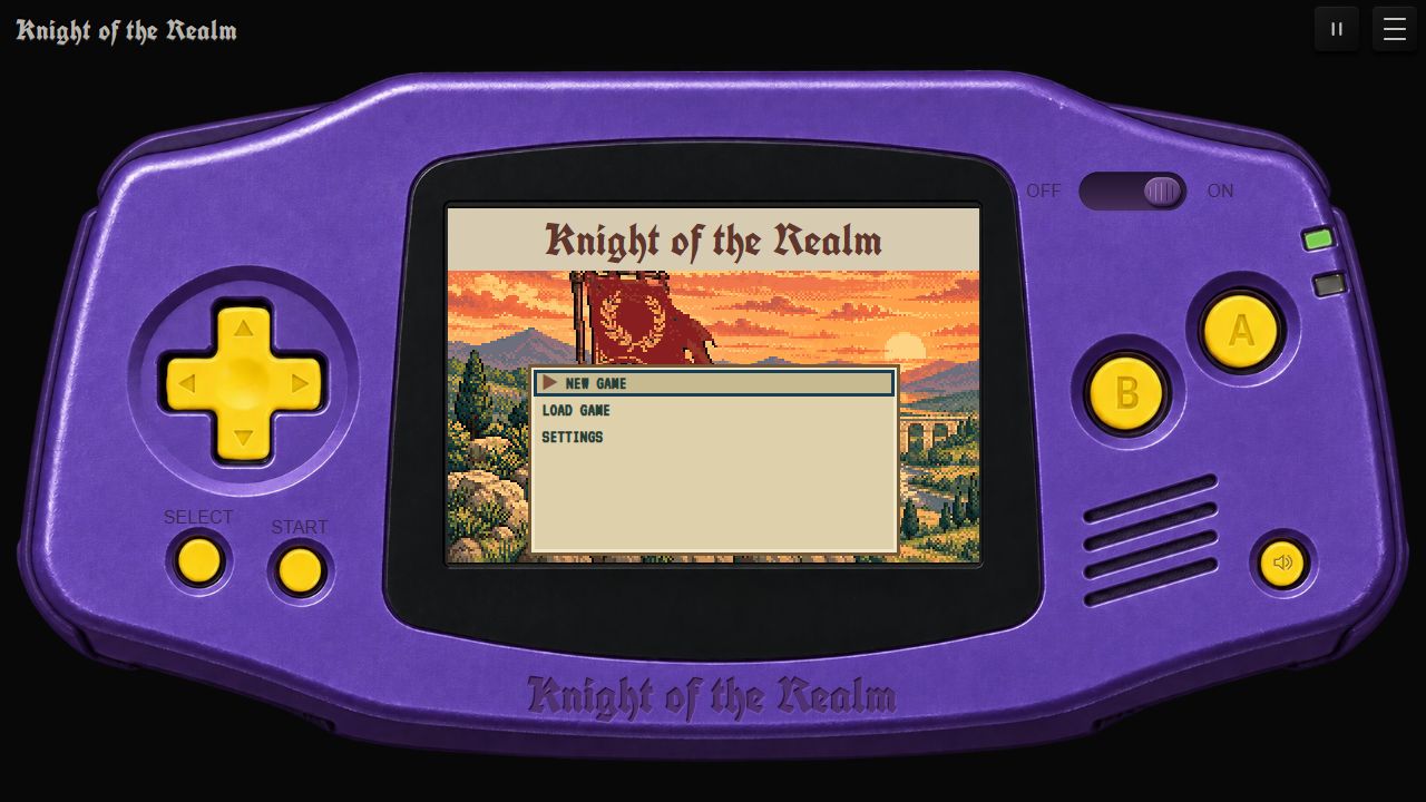 Knight of the Realm handheld console in landscape showing the pixel-art title screen.