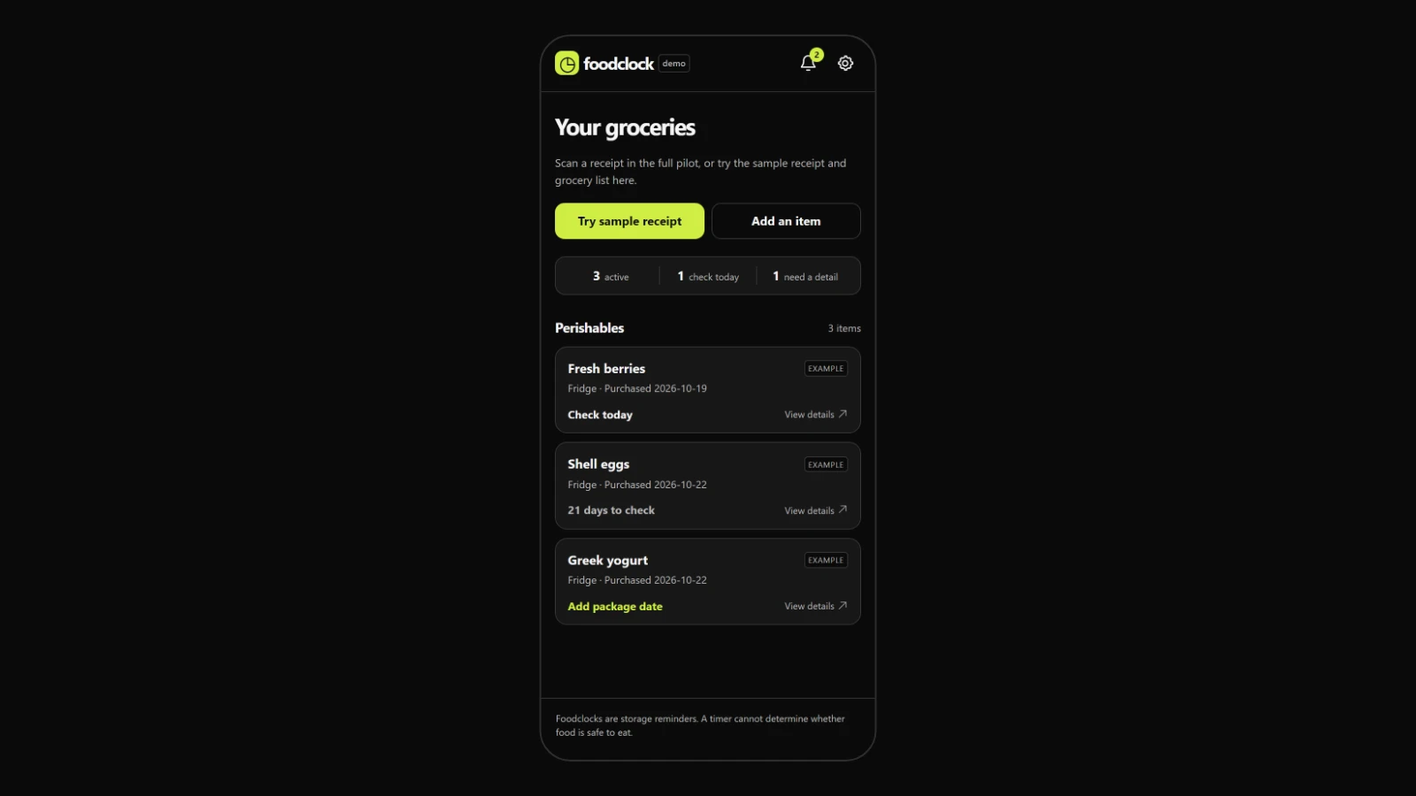 Foodclock demo in dark mode on a phone: Your groceries, with three example perishables and one asking for a package date.