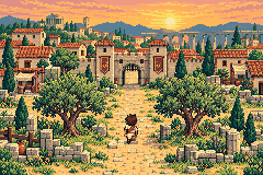 Pixel-art road leading to Ostia at dawn.