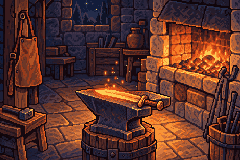 Pixel-art blacksmith working at a forge.