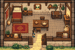 Pixel-art cottage in morning light.