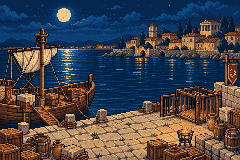 Pixel-art Ostia harbour at night.