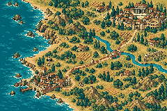 Pixel-art parchment route map.