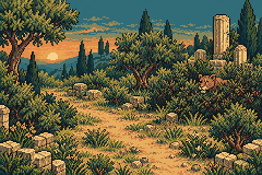 Pixel-art reeds concealing a lioness.