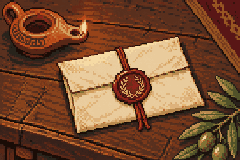 Pixel-art letter with a wax seal.