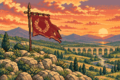 Chosen pixel-art Roman standard above a river and straight bridge at sunset.