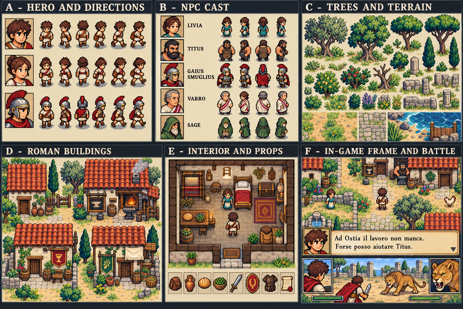 Approved art direction sheet comparing hero silhouettes, cast, terrain, Roman buildings, interior props and gameplay framing.