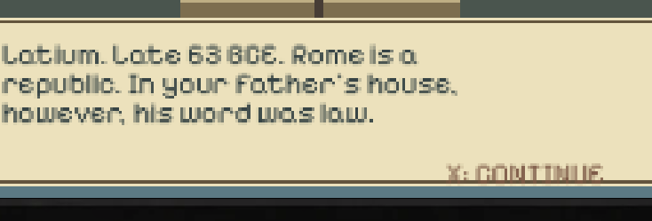 Earlier dialogue with small blurred text and the X Continue prompt clipped by the lower edge.