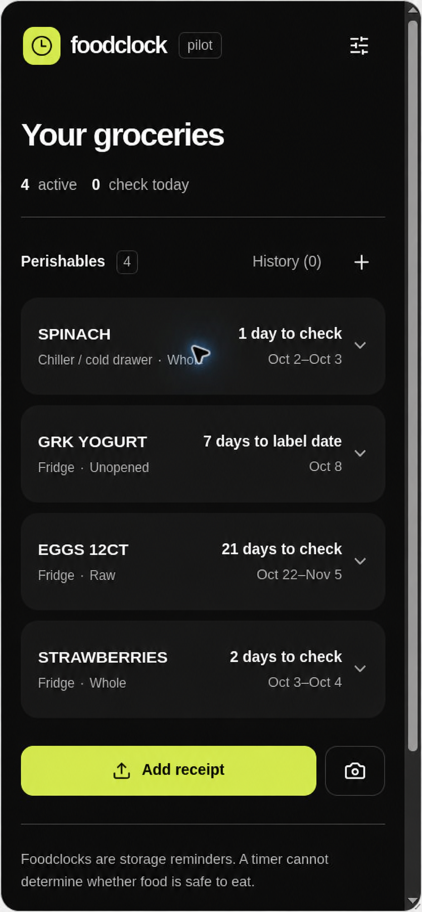 Foodclock grocery list and next steps