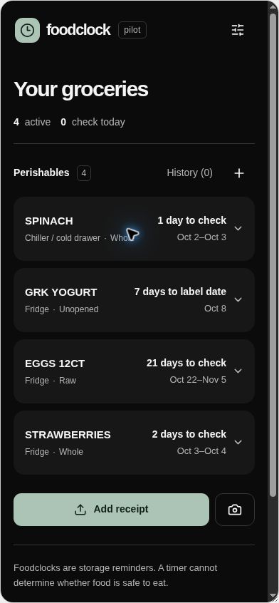 Grocery list with sample items and a clear next step