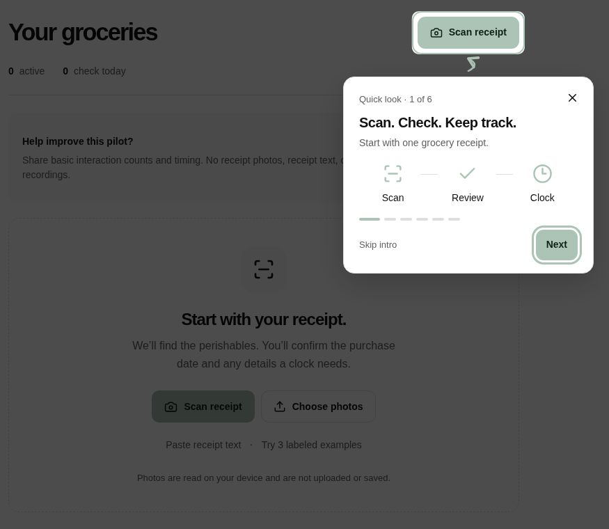 First-visit introduction: scan, review, keep track