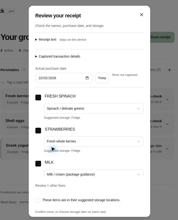 Reviewing detected foods and the purchase date before adding them