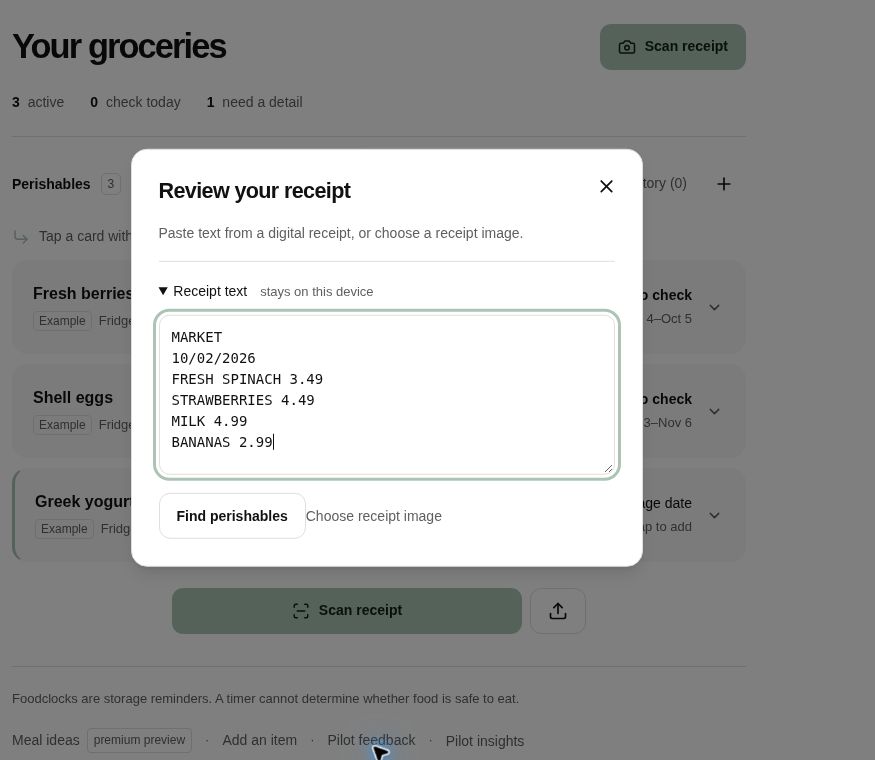 A sample digital receipt pasted into the working pilot
