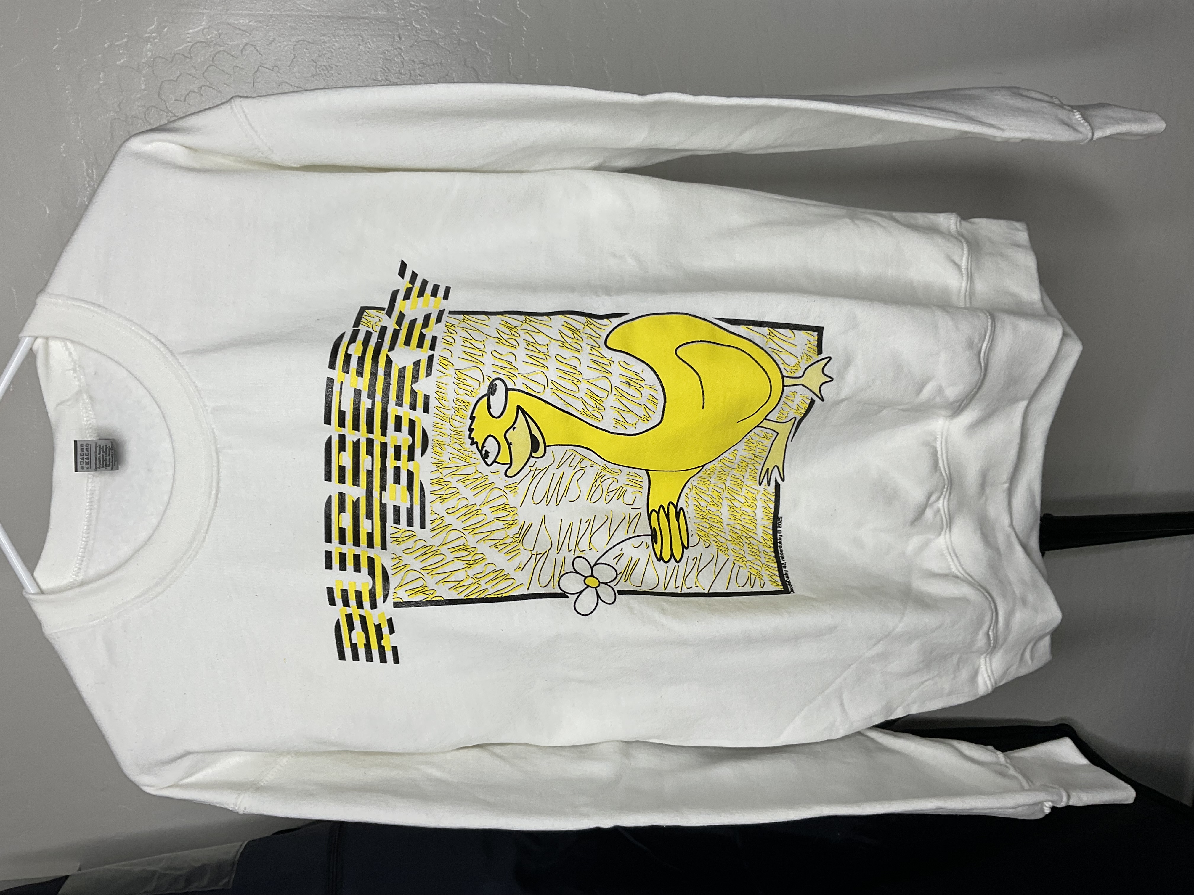 Original Doodledukky sweatshirt, photographed after printing
