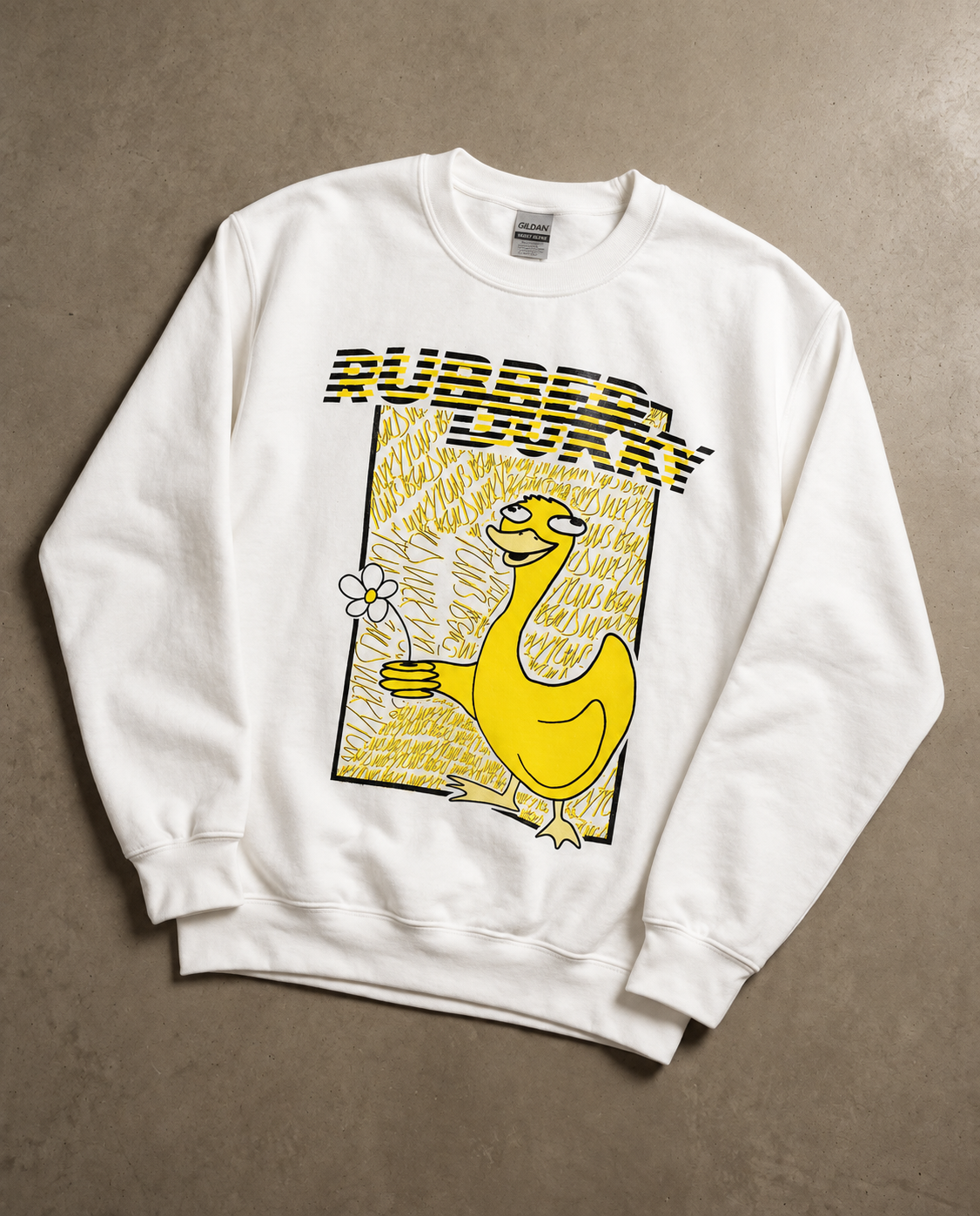 AI-assisted presentation of the Doodledukky sweatshirt, based on the photographed garment