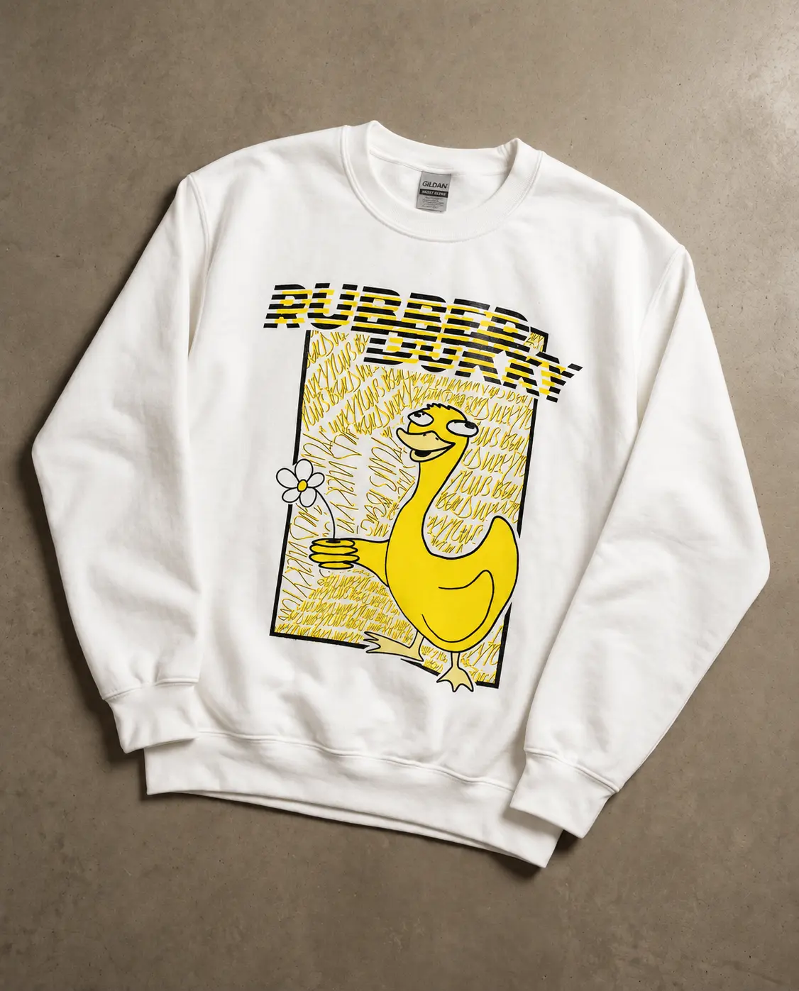 AI-assisted presentation of the Doodledukky sweatshirt, based on the photographed garment