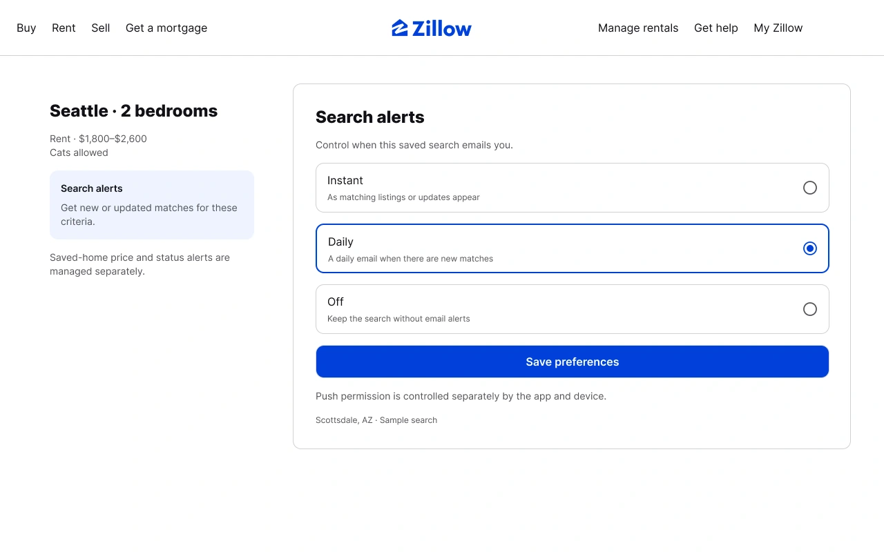 Saved-search preferences on desktop