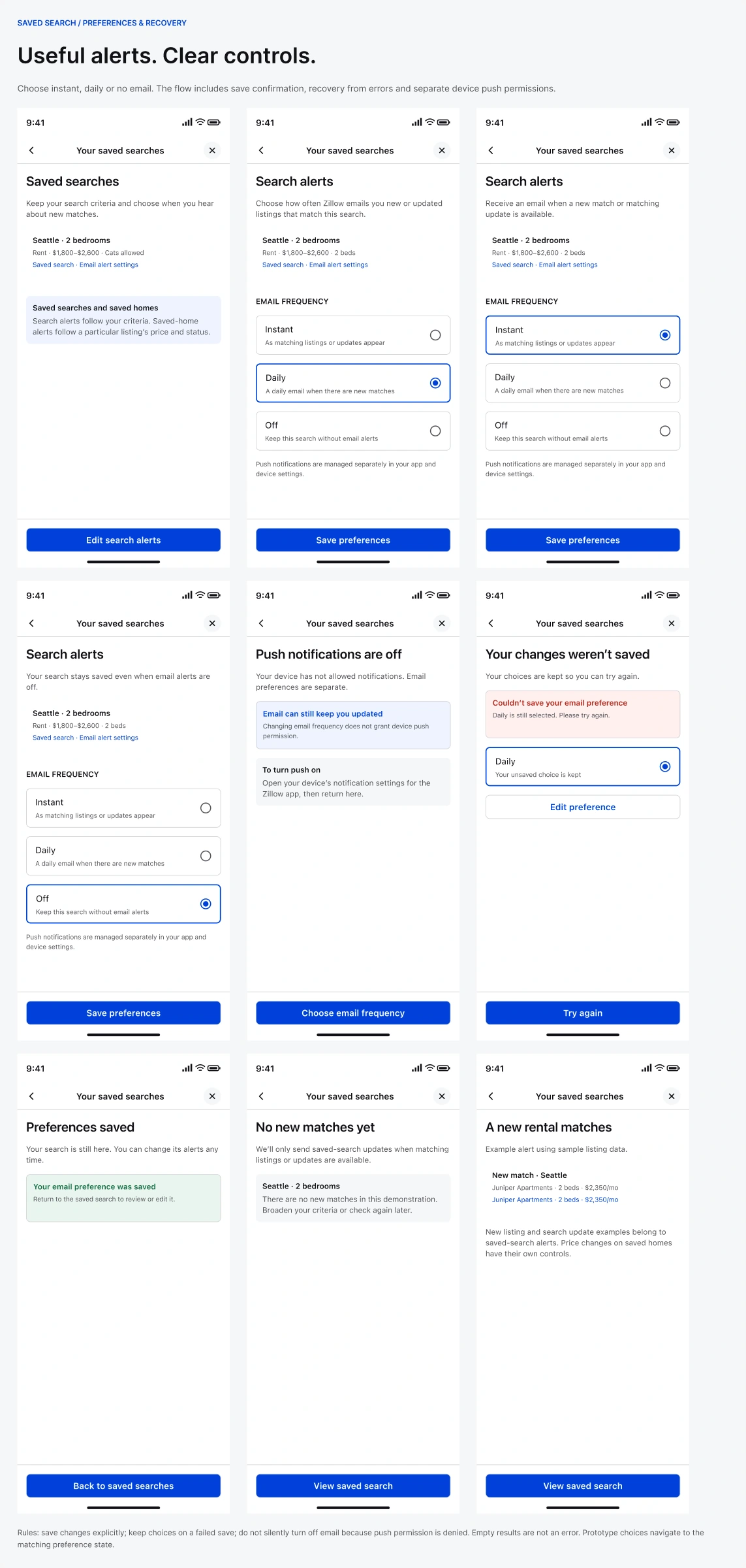 Saved-search flow — permissions, errors and empty states