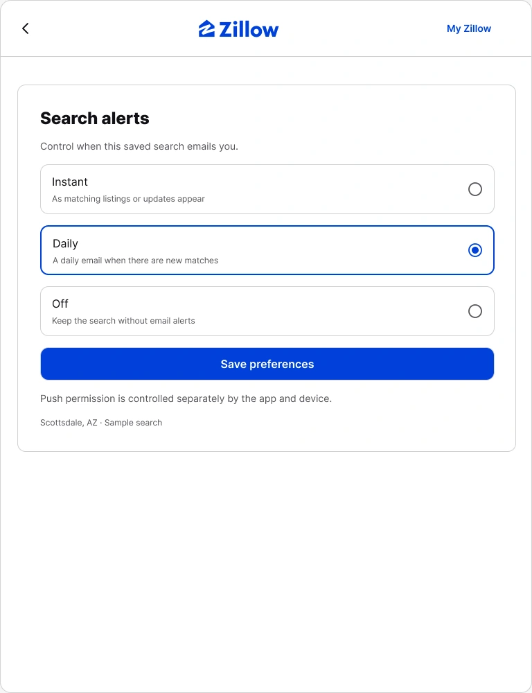 Saved-search preferences on tablet