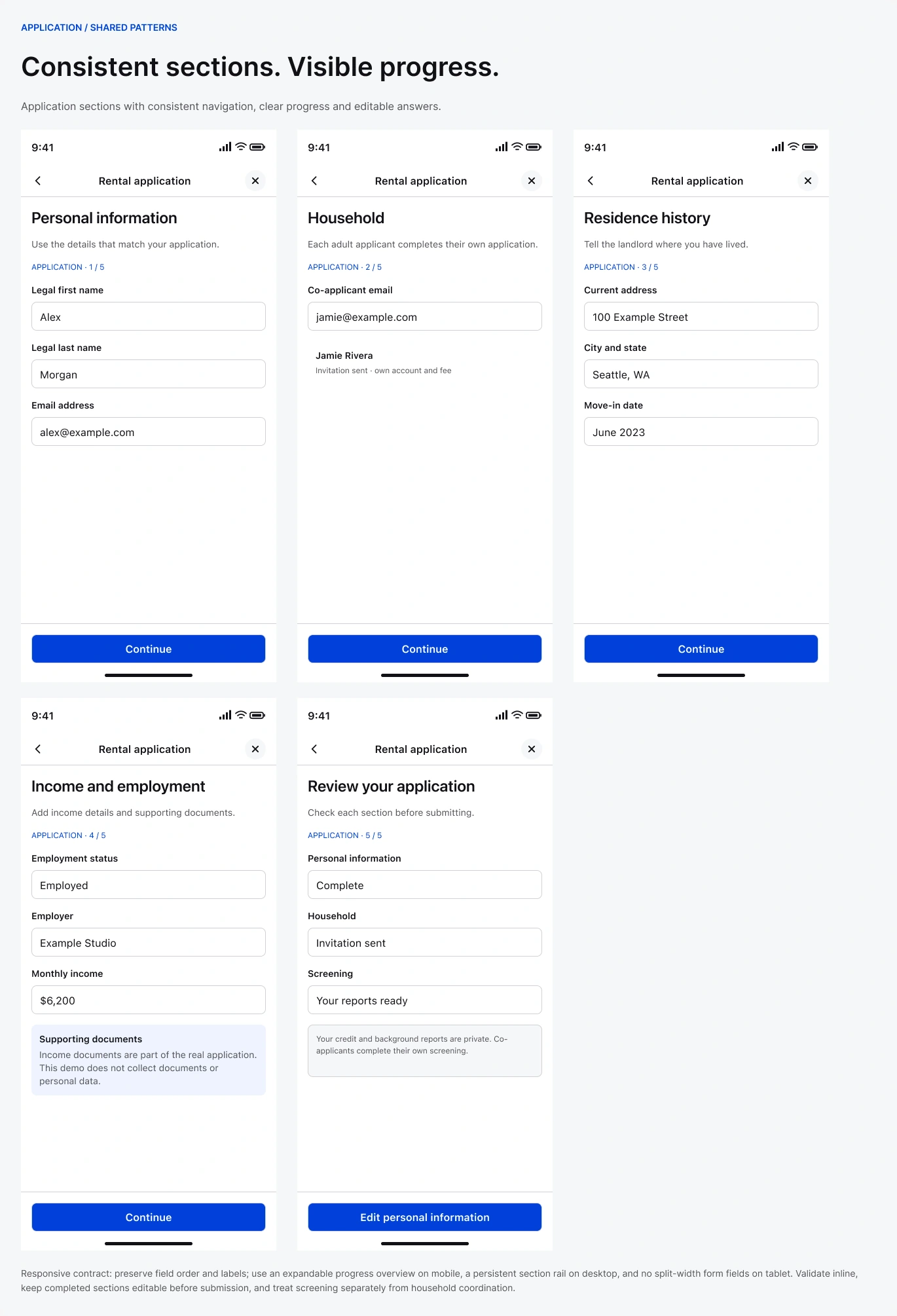 Application sections — complete flow