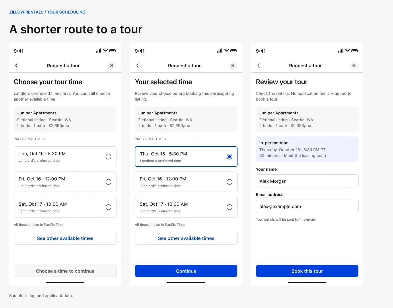 Time selection, review and booking