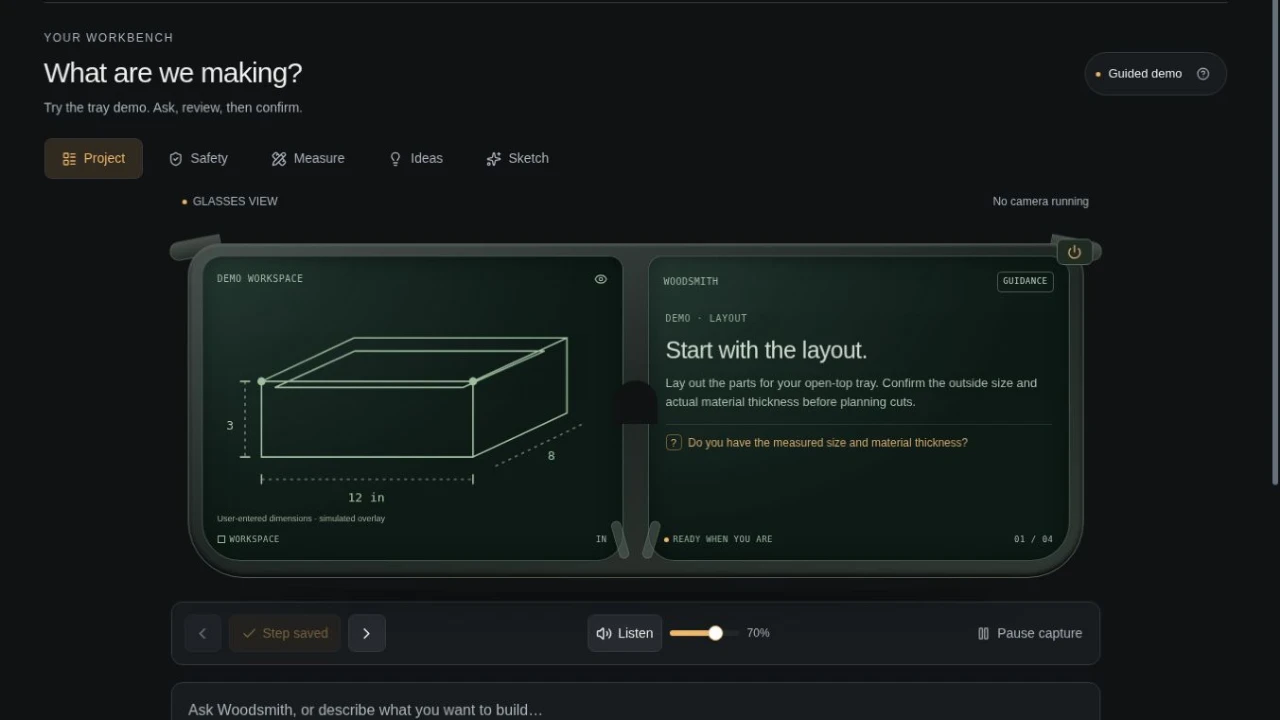 Woodsmith dark AR-glasses interface over a workbench with text, voice and photo inputs.