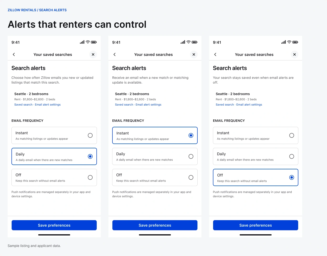 Three mobile screens of search alerts set to daily, instant and off, noting push is managed separately.